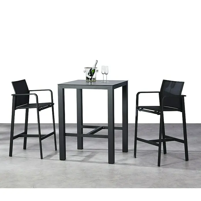 Barths Garten-Stehtisch Rhodos - L x B x H: 80 x 80 x 109,5 cm, Aluminium, HPL, Anthrazit - Ein eleganter Bar-Tisch mit zwei Barhockern, komplett mit Champagnerkühler und Gläsern für stilvolle Momente.
