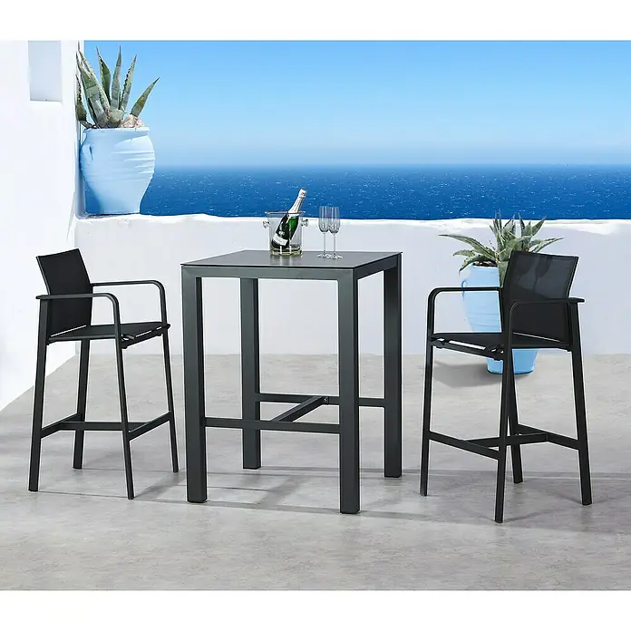Barths Garten-Barhocker Paros - Aluminium, Textilene, Anthrazit, B x T x H: 59 x 51 x 45 cm - Stilvolles Outdoor-Set mit Stehtisch und zwei Barhockern in modernem Design für Terrasse oder Balkon. Inklusive Getränkehalter mit Flasche.