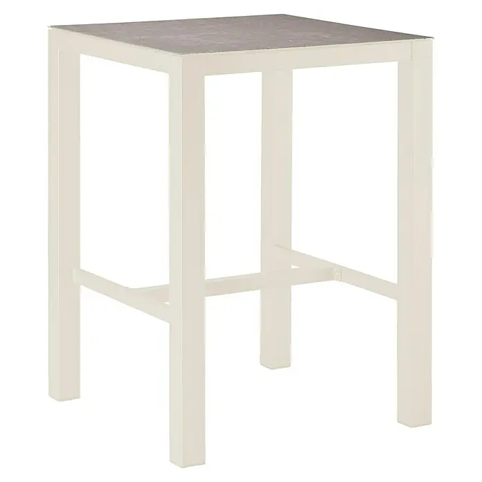 Barths Garten-Stehtisch Rhodos - L x B x H: 80 x 80 x 109,5 cm, Aluminium, HPL, Sandbraun - Ein eleganter, cremefarbener Barhocker mit einem dezent gemusterten Sitz, ideal für moderne Küchen oder stilvolle Barbereiche.