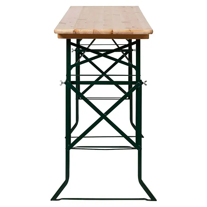 Feros Garten-Tischgestell Bierzeltgarnitur - L x B x H: 220 x 50 x 78 cm, Stahl, Kiefer, Hellbraun/Schwarz - Das Bild zeigt einen Biertisch mit einer hellen Holzplatte und einem grünen Metallgestell in einer Frontalansicht.