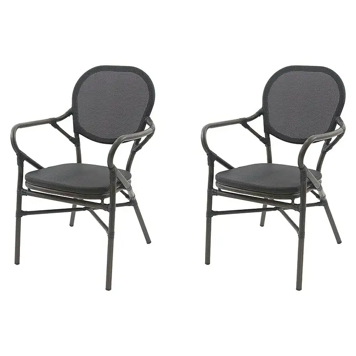 Stapelstuhl Tango - Aluminium, Textilene, Schwarz, B x T x H: 56 x 64 x 89 cm - Zwei dunkle Korbstühle mit Armlehnen und Netzmuster. Ideal für den Garten oder die Terrasse und bieten bequeme Sitzgelegenheiten im Freien.