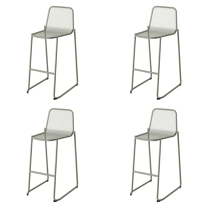 Feros Garten-Barhocker Mase - Stahl, Grün, B x T x H: 52 x 52 x 105 cm - Vier graue Barhocker mit Rückenlehne und Fußstütze, angeordnet vor einem schlichten grauen Hintergrund, ideal für eine moderne Bar oder Küche.