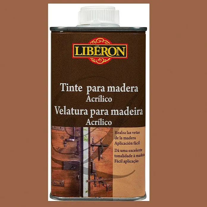 Libéron Tinte para madera acrílico paleta rústica - Roble medio, 250 ml - La imagen muestra una lata de lasur para madera acrílica Liberon. Promete una fácil aplicación y realza las vetas de la madera.
