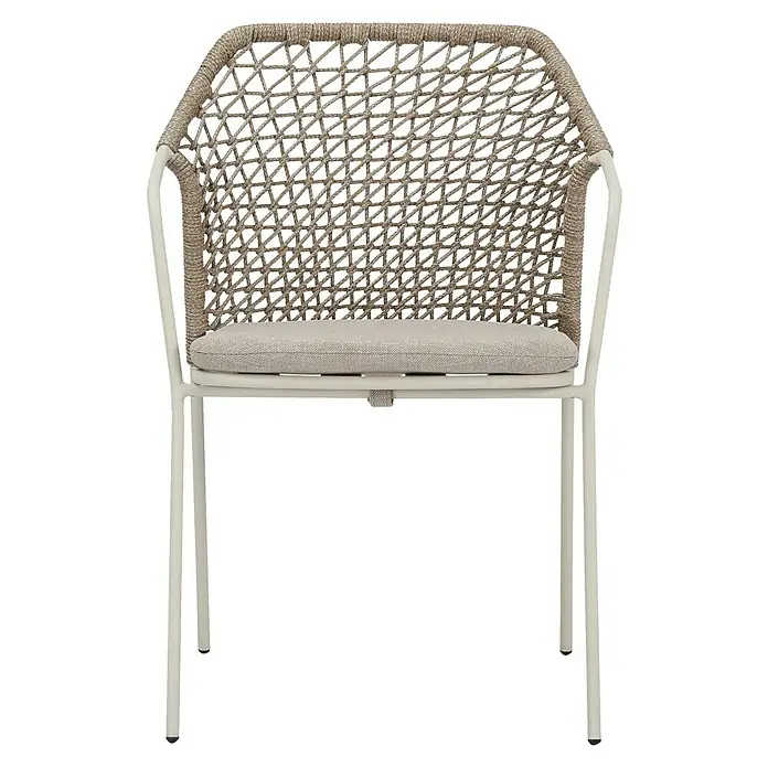 Stapelstuhl Burano - Aluminium, Seilgeflecht, Beige, B x T x H: 58,5 x 60 x 83,5 cm - Stuhl mit sandfarbenem Stoff und geflochtener Rückenlehne. Das Gestell ist aus hellem Metall gefertigt.