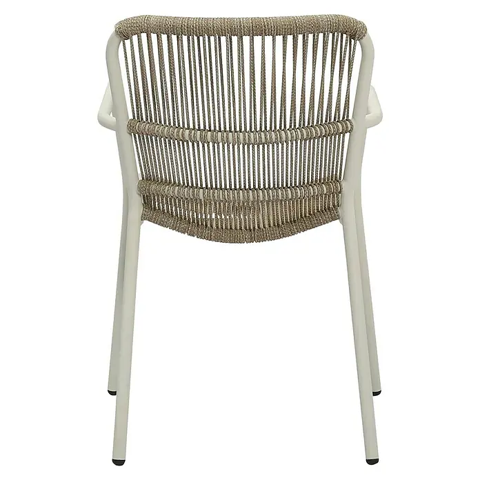 Stapelstuhl Fellow - Aluminium, Seilgeflecht, Sandbraun, B x T x H: 66 x 56 x 86 cm - Rückansicht eines Stuhls mit Seilgeflecht in Beige und einem cremefarbenen Metallrahmen. Das moderne Design ist ein Blickfang.