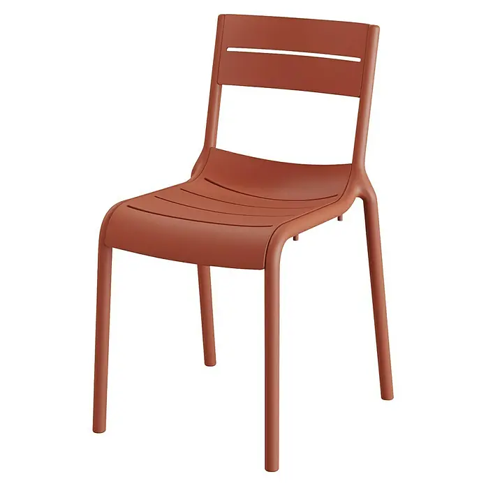 Stapelstuhl Calor - Polypropylen, Stapelbar, Terracotta, B x T x H: 49 x 55 x 82 cm - Rostfarbener Metallstuhl mit Lattenmuster für Sitz und Rückenlehne, ideal für den Außenbereich. Minimalistisches Design für Garten und Terrasse.