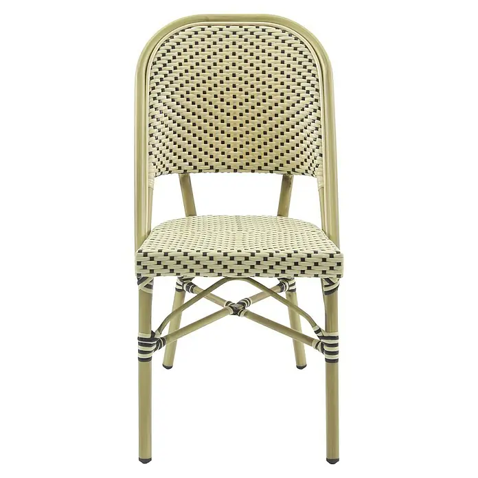 Feros Stapelstuhl Paris - Aluminium, Polyethylen, Beige/Schwarz, B x T x H: 47 x 90 x 90 cm - Detailaufnahme eines Korbstuhls mit Rohrgeflecht-Sitzfläche und Rückenlehne, ideal für den Innen- und Außenbereich. Robuste und stilvolle Sitzgelegenheit.