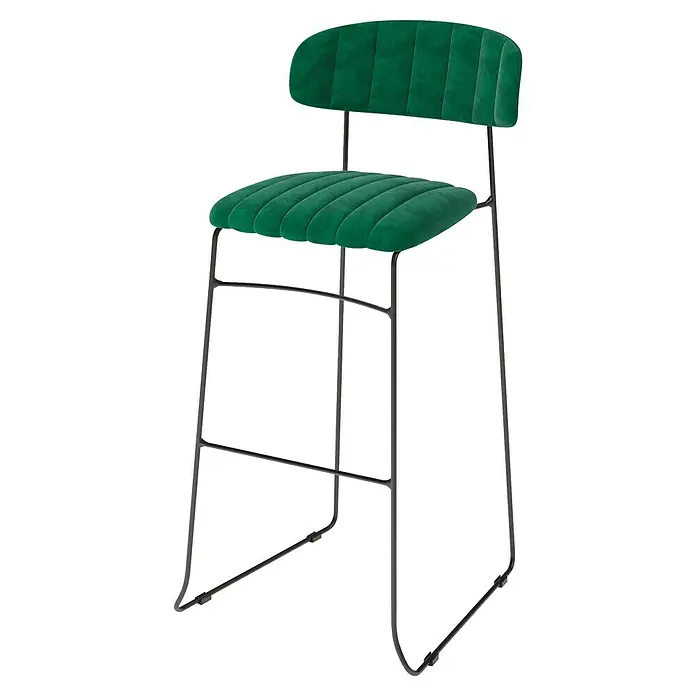 Feros Garten-Barhocker Mundo - Stahl, Velours, Grün, B x T x H: 46,5 x 49 x 105 cm - Ein hochfloriger Barhocker mit Rückenlehne in smaragdgrünem Samtbezug und schlankem, schwarzem Metallgestell für modernen Komfort.