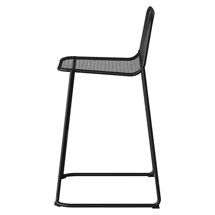 Feros Garten-Barhocker Mase - Stahl, Schwarz, B x T x H: 52 x 52 x 105 cm - Seitenansicht eines schwarzen, modernen Stuhls mit einem Sitz aus Netzmaterial und einem schlanken, minimalistischen Design.