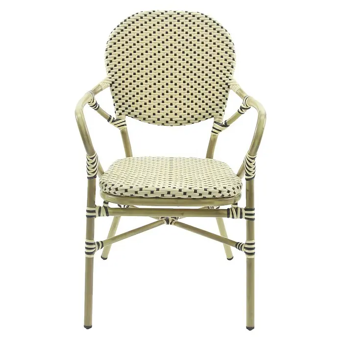 Feros Stapelstuhl Tango - Aluminium, Polyethylen, Beige/Schwarz, B x T x H: 56 x 64 x 89 cm - Ein eleganter Rattanstuhl mit Armlehnen, ideal für stilvolle Innen- und Außenbereiche, bietet Komfort und Ästhetik.