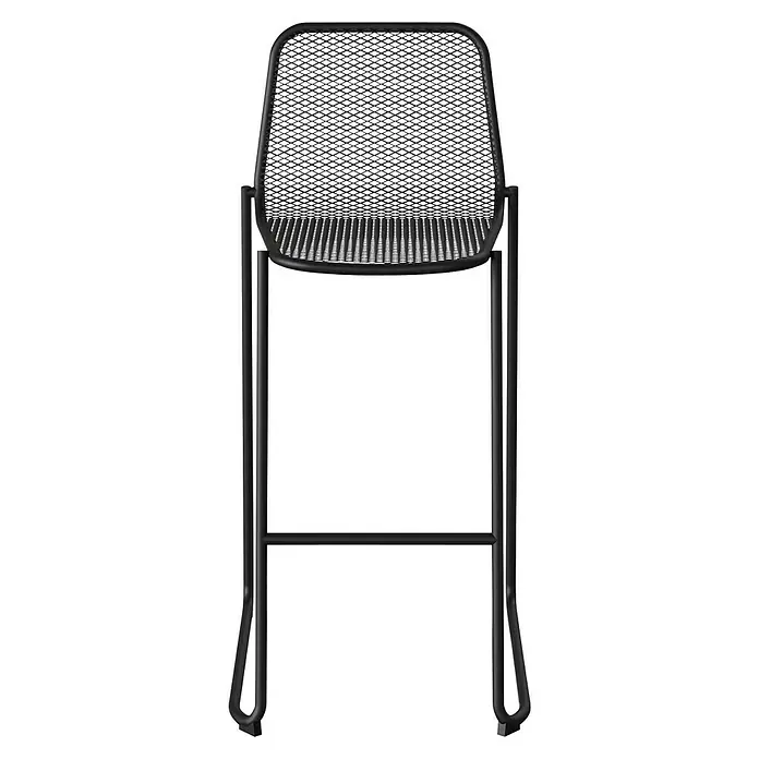 Feros Garten-Barhocker Mase - Stahl, Schwarz, B x T x H: 52 x 52 x 105 cm - Ansicht von oben eines schwarzen Hockers mit Metallrahmen und strukturiertem Sitz. Das Design ist modern und minimalistisch.