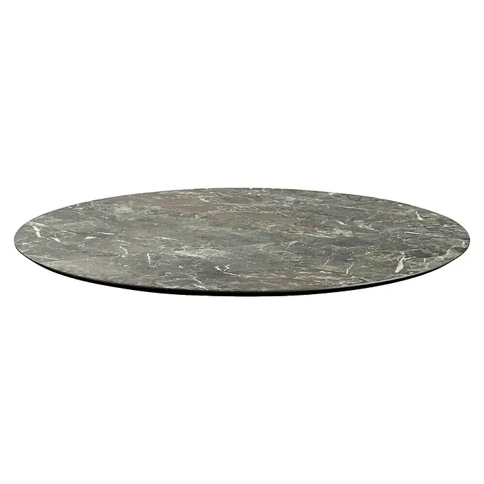 Garten-Tischplatte Feros - Ø x H: 70 x 1,2 cm, HPL, Rund, Grau/Weiß - Ein grauer runder Marmortisch mit interessanten Maserungen und einer glatten Oberfläche. Er ist perfekt für ein stilvolles Ambiente.