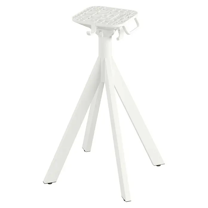 Feros Tischgestell Infinity - L x B x H: 60 x 60 x 60 cm, Edelstahl, Weiß, Niedrig - Ein weißes, dreibeiniges Stativ mit einer quadratischen Plattform oben, ideal für eine stabile und vielseitige Nutzung.