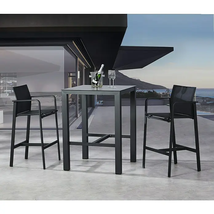 Barths Garten-Barhocker Paros - Aluminium, Textilene, Anthrazit, B x T x H: 59 x 51 x 45 cm - Elegantes Barset für den Außenbereich mit einem Tisch und zwei Stühlen, ideal für stilvolle Zusammenkünfte im Freien.