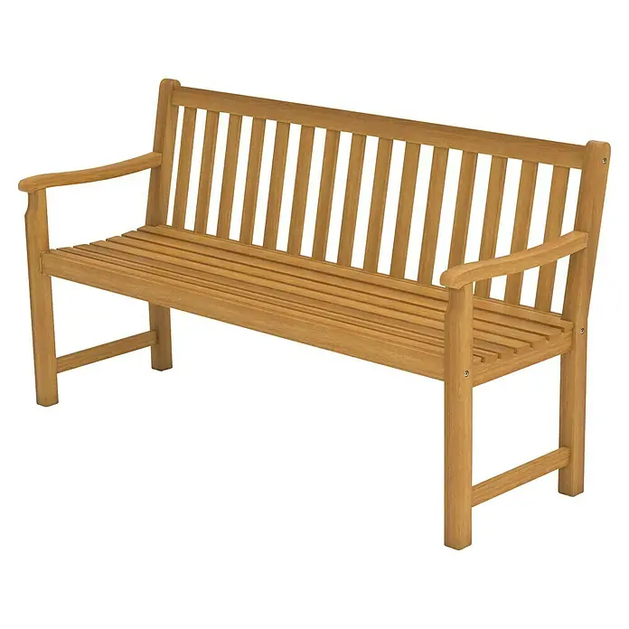 Gartenbank Stockholm - B x T x H: 150 x 55 x 83 cm, Teak, Braun - Holzbank für den Außenbereich mit Lattenrostsitz und Rückenlehne sowie Armlehnen aus massivem Holz.
