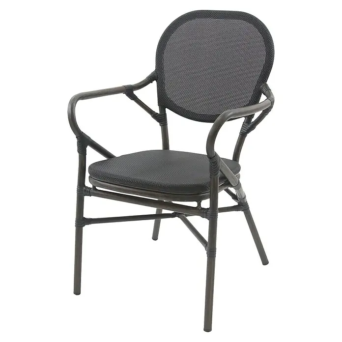 Stapelstuhl Tango - Aluminium, Textilene, Schwarz, B x T x H: 56 x 64 x 89 cm - Elegantes graues Rattanstuhl mit Armlehnen. Der Stuhl hat eine runde Rückenlehne und eine bequeme Sitzfläche für entspannte Stunden.