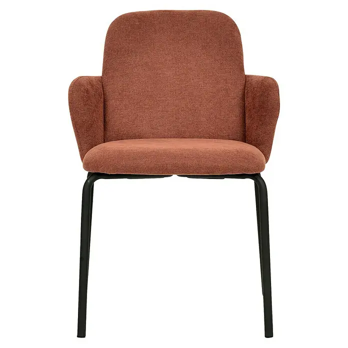 Feros Stapelstuhl Paddy - Stahl, Sperrholz, Schaumstoff, Braun/Rot, B x T x H: 56 x 56 x 82 cm - Nahaufnahme eines orangefarbenen Armlehnstuhls mit dunklem Metallgestell, ideal für Esszimmer oder Büro. Bequemer Sitzplatz mit modernem Design.