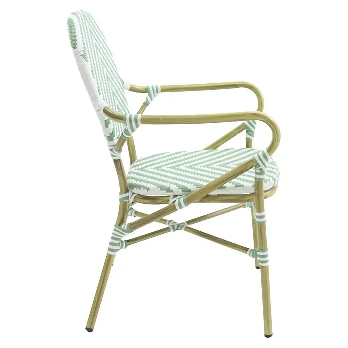 Feros Stapelstuhl Tango - Aluminium, Polyethylen, Türkis/Weiß, B x T x H: 56 x 64 x 89 cm - Dieser Stuhl mit Armlehnen ist im Bistrostil gehalten, mit einem Rahmen in Holzoptik und mintfarbenem, geflochtenem Sitz und Rücken.