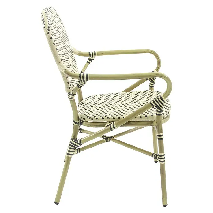 Feros Stapelstuhl Tango - Aluminium, Polyethylen, Beige/Schwarz, B x T x H: 56 x 64 x 89 cm - Elegante Gartenstuhl-Ansicht mit Armlehnen und stilvollem Schachbrettmuster für entspannte Stunden im Freien oder im Wintergarten.