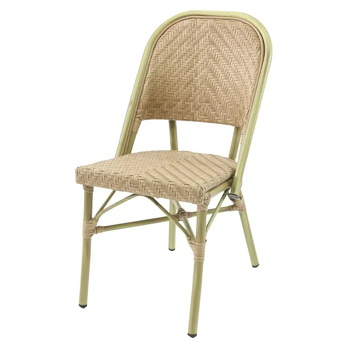 Feros Stapelstuhl Paris - Aluminium, Polyethylen, Beige, B x T x H: 47 x 90 x 90 cm - Elegante Rattan-Stuhl mit einem hellen Rahmen, ideal für stilvolle Innenräume und gemütliche Außenbereiche. Die handgeflochtene Sitzfläche bietet Komfort.