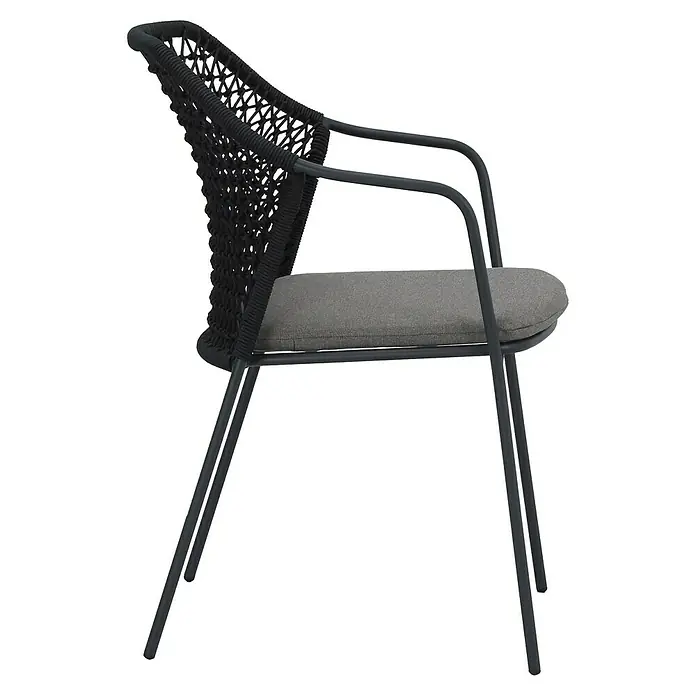 Stapelstuhl Burano - Aluminium, Seilgeflecht, Anthrazit, B x T x H: 58,5 x 60 x 83,5 cm - Ein moderner Stuhl mit grauem Sitzpolster und geflochtener Rückenlehne in Schwarz. Das Gestell des Stuhls ist aus Metall.