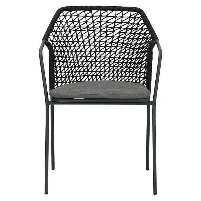 Stapelstuhl Burano - Aluminium, Seilgeflecht, Anthrazit, B x T x H: 58,5 x 60 x 83,5 cm - Ansicht eines grauen Sessels mit geflochtener Rückenlehne und Armlehnen, ideal für Terrasse oder Garten. Der Sessel ist modern und bequem.