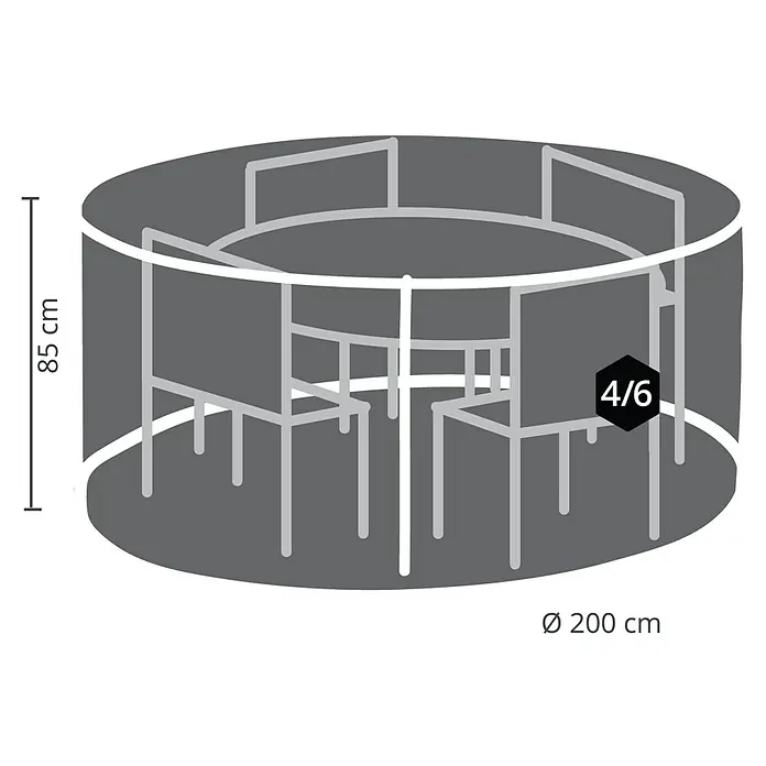Barths Sitzgruppen-Schutzhülle - L x B x H: 200 x 200 x 85 cm, Polypropylen, Hellgrau - Eine Abbildung eines runden Gartentisches mit Stühlen, umgeben von einer Abdeckung, mit den Maßen 85 cm Höhe und 200 cm Durchmesser.