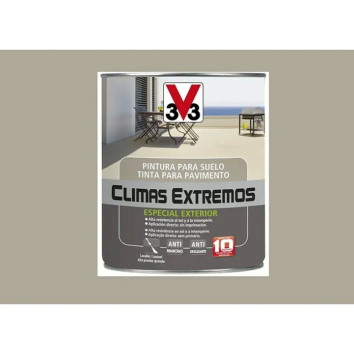 V33 Pintura para suelos Climas extremos - Beige, 500 ml, Satinado - Imagen de una lata de pintura para suelos V33 para climas extremos, especialmente diseñada para exteriores.