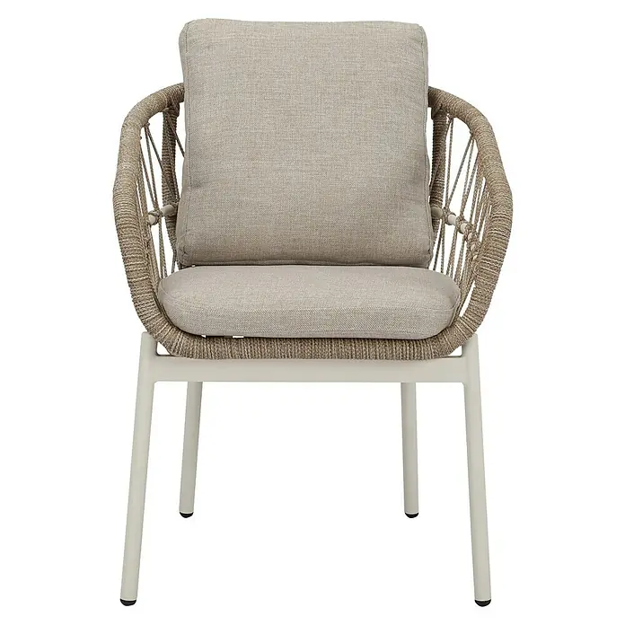 Barths Gartensessel Tropea - Aluminium, Seilgeflecht, Beige, B x T x H: 63,5 x 64,5 x 78,5 cm - Bequemer Sessel mit cremefarbenem Metallgestell und beigen Kissen. Die Armlehnen sind mit geflochtenem Seil versehen, was ihm ein entspanntes Aussehen verleiht.
