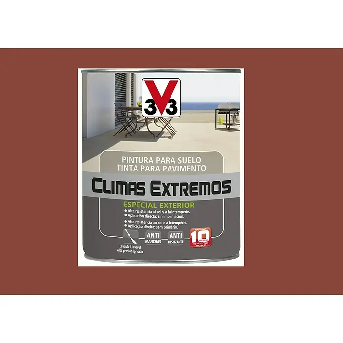 V33 Pintura para suelos Climas extremos - Terra, 500 ml, Satinado - Imagen de una lata de pintura para suelos 3V3 Climas Extremos, una pintura resistente especialmente diseñada para exteriores y climas extremos.