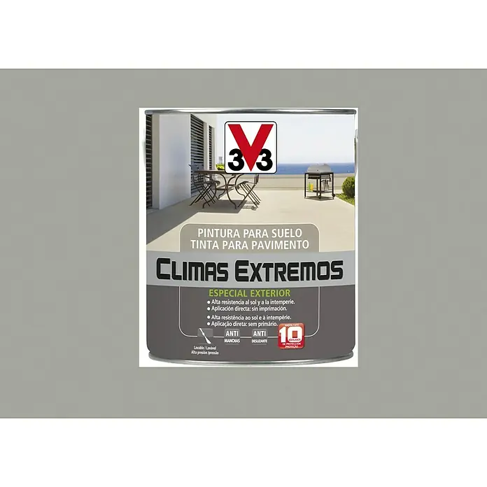 V33 Pintura para suelos Climas extremos - Gris claro, 2,5 l, Satinado - Bote de pintura para suelos de exterior "Climas Extremos". Alta resistencia al sol e intemperie, aplicación directa, antimanchas.