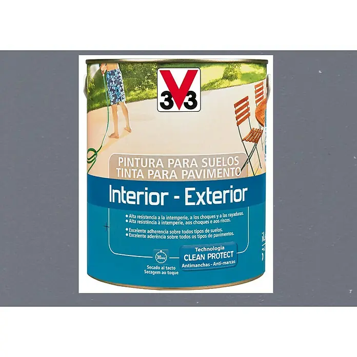 V33 Barniz para suelos Interior-Exterior - Gris oscuro, Satinado, 500 ml, Base de agua - Imagen del producto de una lata de pintura para suelos 33, apta para interiores y exteriores, con tecnología Clean Protect para la protección contra las manchas.