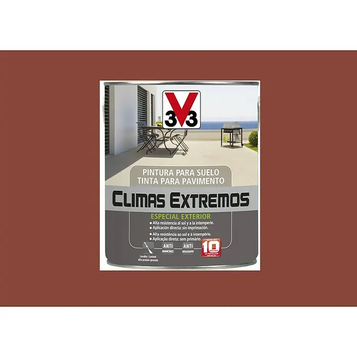 V33 Pintura para suelos Climas extremos - Terra, 2,5 l, Satinado - Imagen de una lata de pintura para suelos de exterior 3V3 Climas Extremos, que es resistente, antideslizante y garantiza hasta 10 años de protección.