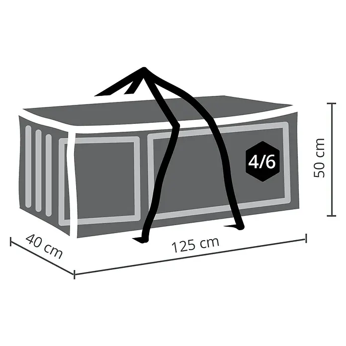 Barths Auflagen-Schutzhülle - L x B x H: 125 x 40 x 50 cm, Polypropylen, Hellgrau - Darstellung einer grauen Transporttasche mit den Maßen 40 cm x 125 cm x 50 cm, ideal für den Transport von Gegenständen.