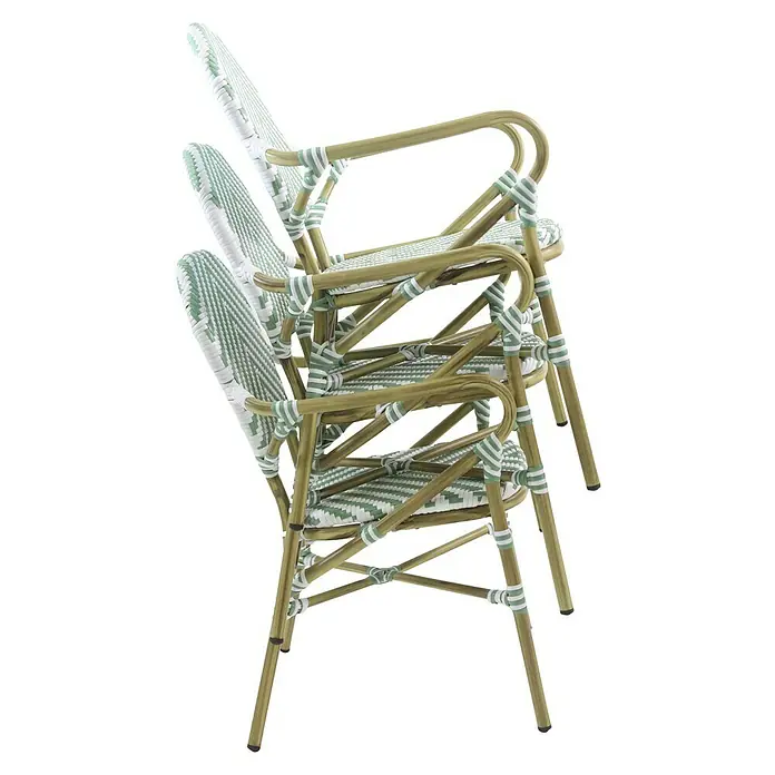Feros Stapelstuhl Tango - Aluminium, Polyethylen, Türkis/Weiß, B x T x H: 56 x 64 x 89 cm - Ein Stapel eleganter Bistro-Stühle mit grün-weißen Akzenten, perfekt für stilvolle Außenbereiche. Das leichte Design ermöglicht einfaches Verstauen.