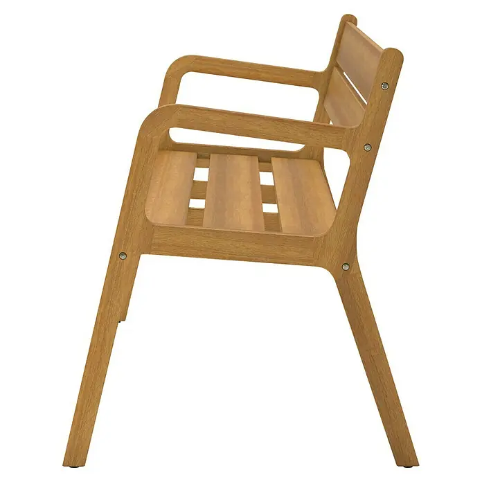 Gartenbank Helsinki - B x T x H: 140 x 74 x 85 cm, Akazie, Braun - Seitenansicht eines Holzstuhls mit Armlehnen und Lattenrost-Design. Der Stuhl wirkt modern und stabil.