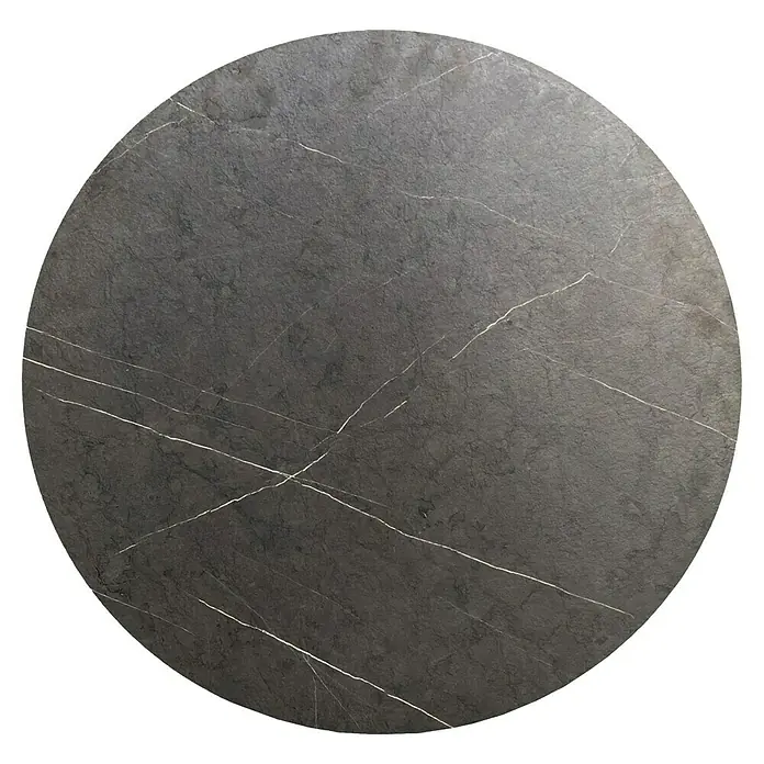 Garten-Tischplatte Feros - Ø x H: 120 x 1,2 cm, HPL, Rund, Dunkelgrau - Nahaufnahme einer runden Tischplatte aus grauem Marmor mit weißen Adern auf schwarzem Hintergrund.
