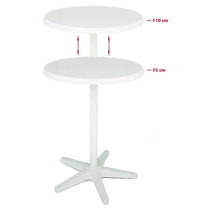 Barths Garten-Stehtisch rund - Ø x H: 70 x 72 cm, Stahl, Weiß - Ein weißer Stehtisch mit zwei runden Tischplatten und einem sternförmigen Fuß ist abgebildet. Die Tischplatten haben unterschiedliche Höhen.