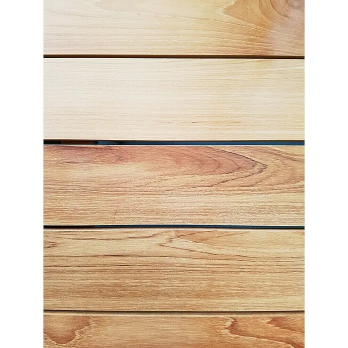 Barths Gartentisch Paros - L x B x H: 210 x 90 x 76 cm, Aluminium, Teak, Anthrazit/Braun - Nahaufnahme eines Holzdecks mit hellen und warmen Farbtönen, die die natürliche Maserung und Textur des Holzes betonen.