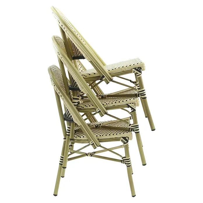 Feros Stapelstuhl Paris - Aluminium, Polyethylen, Beige/Schwarz, B x T x H: 47 x 90 x 90 cm - Stapel aus Korbsesseln aus hellem Bambus mit dekorativen schwarzen Akzenten. Ideal für stilvolle Außenbereiche und Cafés.