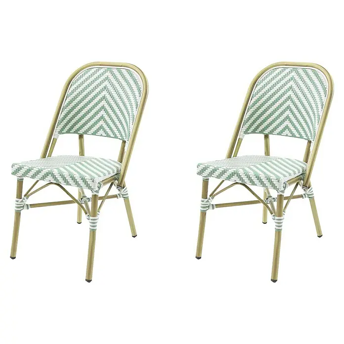 Feros Stapelstuhl Paris - Aluminium, Polyethylen, Türkis/Weiß, B x T x H: 47 x 90 x 90 cm - Zwei elegante Bistro-Stühle mit einem auffälligen, grün-weißem Chevron-Muster. Die Stühle sind mit einem robusten, bronzefarbenen Rahmen ausgestattet.