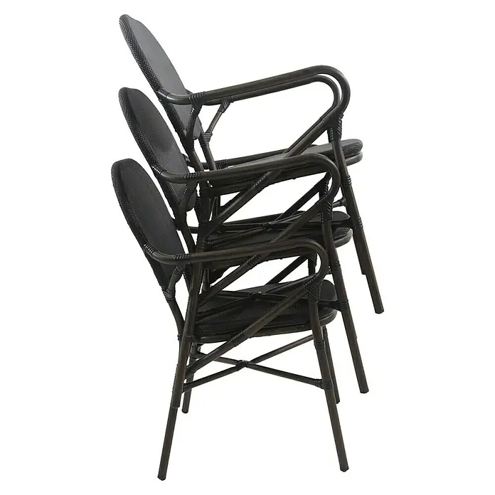 Stapelstuhl Tango - Aluminium, Textilene, Schwarz, B x T x H: 56 x 64 x 89 cm - Gestapelte Rattansessel mit dunklem Geflecht. Die Stühle sind platzsparend und stilvoll für den Außenbereich.
