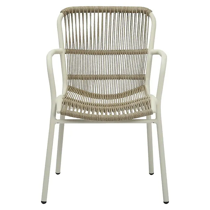 Stapelstuhl Fellow - Aluminium, Seilgeflecht, Sandbraun, B x T x H: 66 x 56 x 86 cm - Elegante Nahaufnahme eines geflochtenen Stuhls, der mit seinem Design und Komfort besticht. Ideal für stilvolle Wohnbereiche.