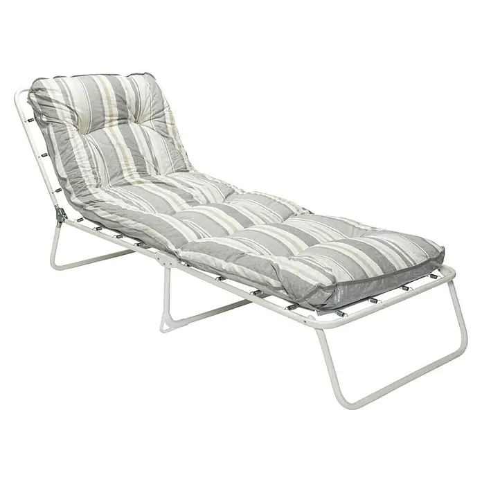 Campingliege Wörthersee - Weiß/Grau, B x T: 60 x 180 cm, Stahl, Poly-Baumwolle, Rückenlehne verstellbar - Stilvolle Liege mit bequemer, gestreifter Polsterung und stabilem, weißem Metallgestell. Perfekt für entspannte Stunden im Garten oder auf der Terrasse.