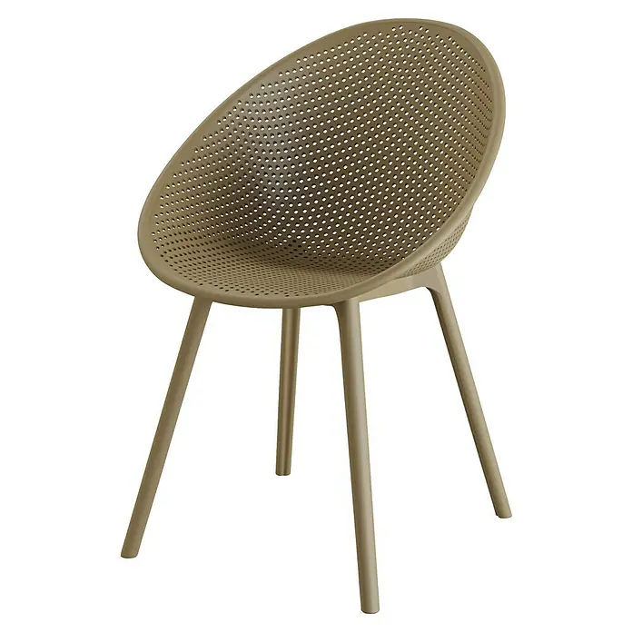 Barths Gartensessel Qosy - Polypropylen, Sandbraun, B x T x H: 59 x 83 x 80 cm - Abbildung eines hellbraunen, modernen Stuhls mit einem runden, perforierten Sitz und vier schlanken Beinen. Das minimalistische Design ist elegant und zeitgemäß.