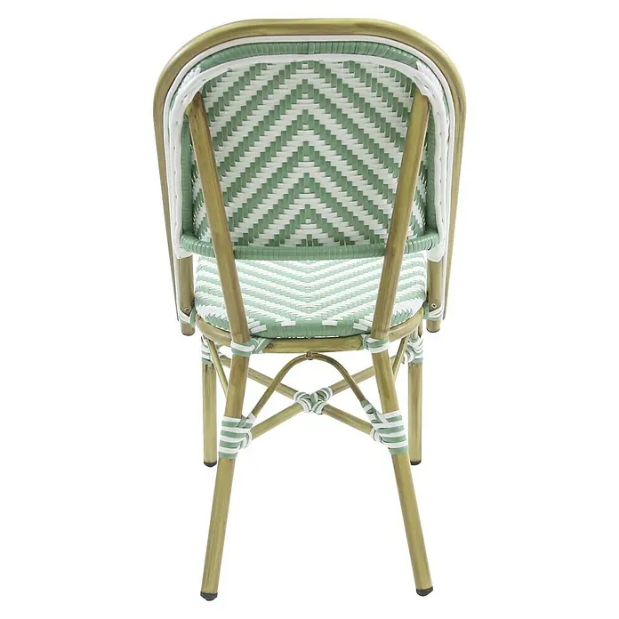 Feros Stapelstuhl Paris - Aluminium, Polyethylen, Türkis/Weiß, B x T x H: 47 x 90 x 90 cm - Detailaufnahme eines Korbstuhls mit grün-weißem Zickzackmuster und Bambusgestell, ideal für den Außenbereich.