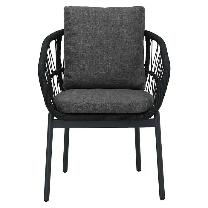 Barths Gartensessel Tropea - Aluminium, Seilgeflecht, Anthrazit, B x T x H: 63,5 x 64,5 x 78,5 cm - Nahaufnahme eines modernen Sessels mit grauem Kissen und geflochtenem Rahmen.