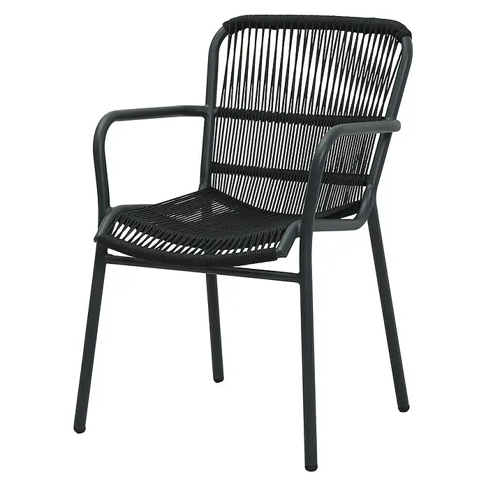 Stapelstuhl Fellow - Aluminium, Seilgeflecht, Anthrazit, B x T x H: 66 x 56 x 86 cm - Ein moderner schwarzer Stuhl mit Armlehnen und Seilbespannung. Das Möbelstück ist ideal für den Innen- und Außenbereich.