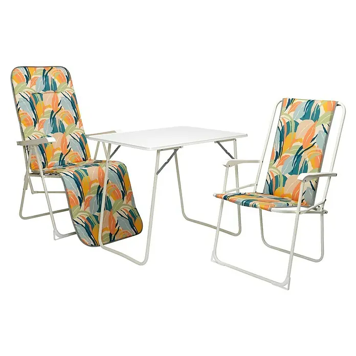 Barths Garten-Liegestuhl Chiemsee - Stahl, Polsterstoff, Weiß/Tropical, B x T x H: 58 x 75 x 108 cm - Campingmöbel-Set mit zwei Stühlen mit floralem Muster und einem weißen Tisch, ideal für entspannte Stunden im Freien.