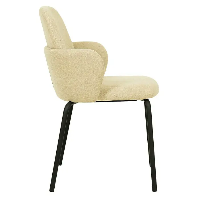 Feros Stapelstuhl Paddy - Stahl, Sperrholz, Schaumstoff, Beige, B x T x H: 56 x 56 x 82 cm - Seitenansicht eines Polsterstuhls in Beige mit Armlehnen und schwarzem Metallgestell, ideal für stilvolles Wohnen.